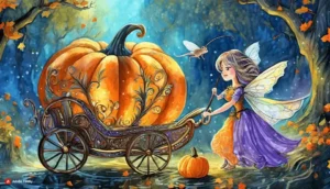 A shimmering fairy waves her wand, transforming a pumpkin into a magnificent carriage, with four plump mice dressed as dashing steeds.