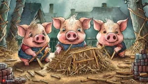 Three little pigs building houses of straw, sticks, and bricks.