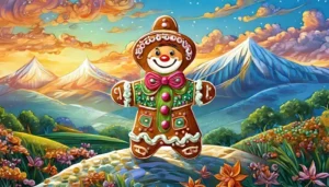 Illustration of a smiling gingerbread man with candy button eyes and icing decorations