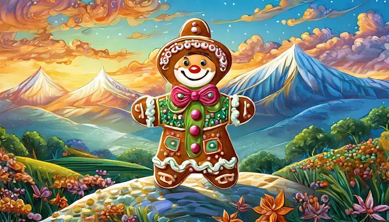 Illustration of a smiling gingerbread man with candy button eyes and icing decorations