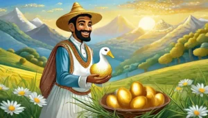 Image of a surprised farmer in simple clothing looking at a basket of gleaming golden eggs.