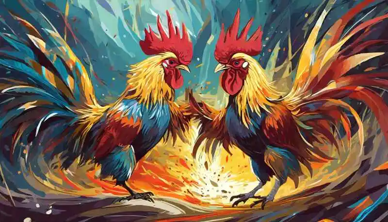 Two roosters with bright feathers fighting fiercely.