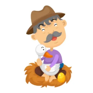 Image of a farmer standing near a goose, holding a basket overflowing with golden eggs.