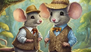 A colorful illustration of the town mouse, looking polished in a tiny waistcoat, and the country mouse, looking cheerful in a straw hat, share a friendly conversation.