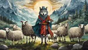 The Wolf in Sheep's Clothing: A wolf disguised in sheepskin stands in a field of sheep, a shepherd with a crook approaching cautiously.