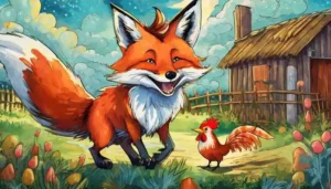 A colorful illustration of a red fox slinking around a farmyard with a sly grin, while a proud rooster crows from the top of a coop.