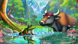 the frog and the ox : A small frog sits contentedly on a lily pad, watching oxen in the distance.