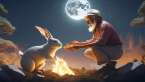 A rabbit leaping into a fire to feed a hungry old man, the moon shining brightly above.