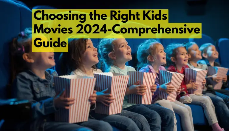 Group of happy children in a movie theater holding popcorn, smiling and watching a film with excitement.