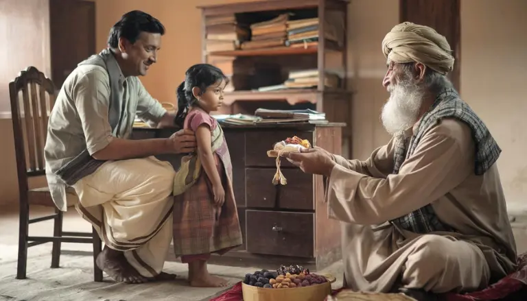 A serene, emotional scene set in an old, traditional Bengali home. A young girl, around five years old, is dressed in a simple, traditional sari. She stands shyly next to her father, who is seated at a wooden writing desk, surrounded by books and papers. The father is an intellectual Bengali man, wearing a dhoti and kurta, and looks at his daughter with a gentle, loving expression. The Kabuliwala, a tall, strong man with a rugged appearance, wearing traditional Afghan attire—loose clothing with a tall turban—is seated on the floor in front of them. His face shows a mix of joy and sadness as he holds out a small bundle of dried fruits and nuts wrapped in cloth, a gift for the girl. The room is warm with the golden light of an autumn afternoon streaming through the window, casting long shadows on the wooden floor. The background shows the simple yet cozy decor of a Bengali household, with traditional elements like an old, wooden cupboard and a window overlooking a busy Calcutta street.