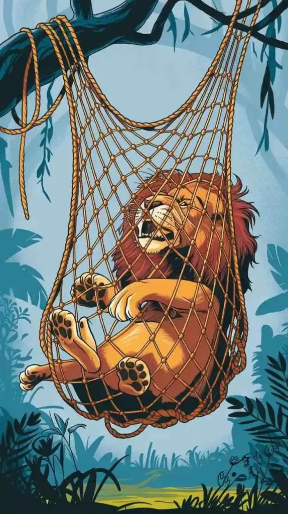 A few days later, the lion is caught in a hunter’s net, struggling to escape