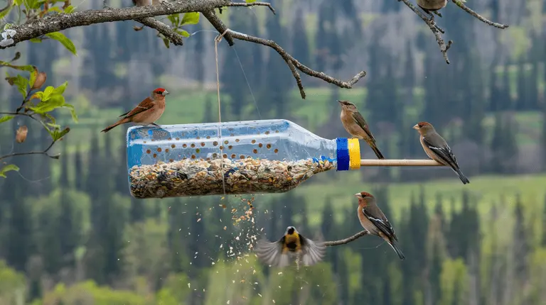 Colorful homemade bird feeder made from recycled materials, hanging on a tree with birds flying around