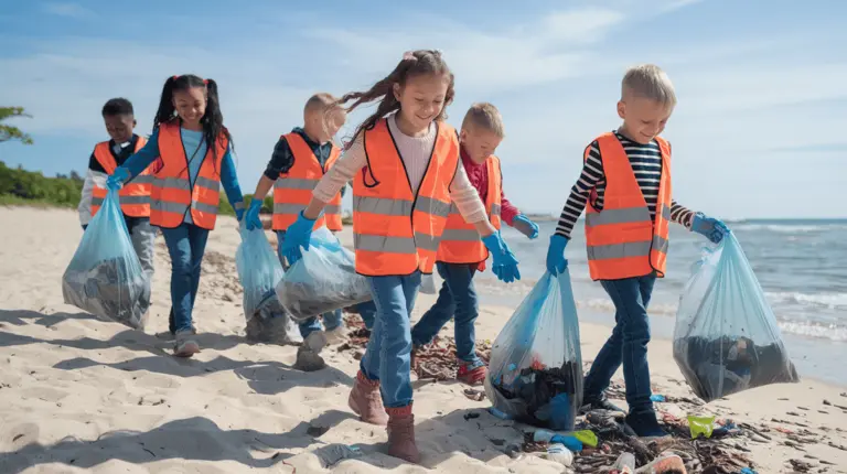 Children cleaning up a beach, picking up trash along the shoreline.