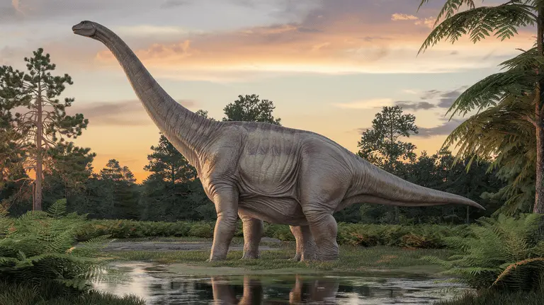 A majestic Brachiosaurus standing in a prehistoric landscape during sunset.
