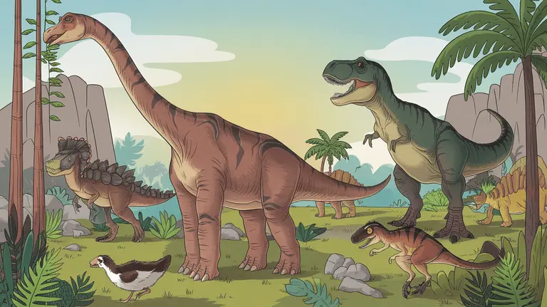 A vibrant, fun illustration of different types of dinosaurs in a prehistoric landscape.