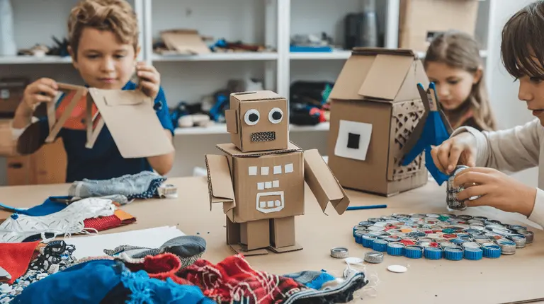 Children crafting with recycled materials like cardboard, bottles, and fabric scraps.