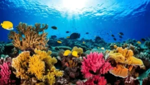 Colorful coral reef with various fish