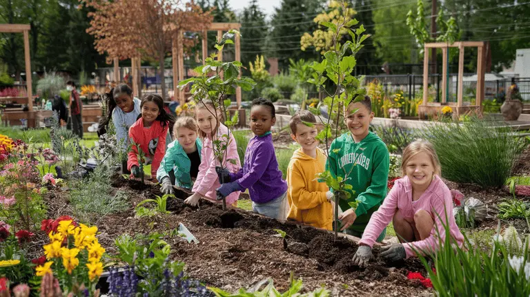 Kids planting trees in a vibrant community garden.