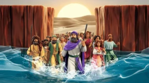 Moses leading the Israelites through the parted Red Sea with the desert in the background.