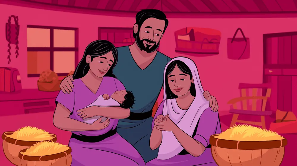 Ruth holds baby Obed while Boaz stands beside her, and Naomi smiles nearby.