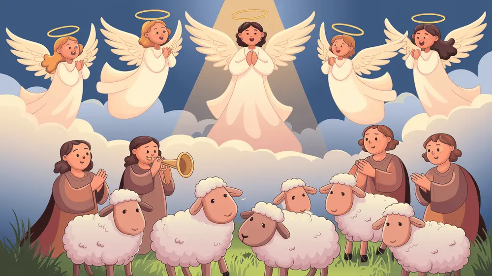 Many glowing angels sing joyfully in the sky, some with trumpets, others clapping happily.