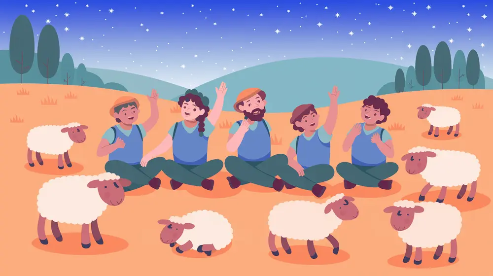 Shepherds sing happily under the stars with their sheep resting beside them.