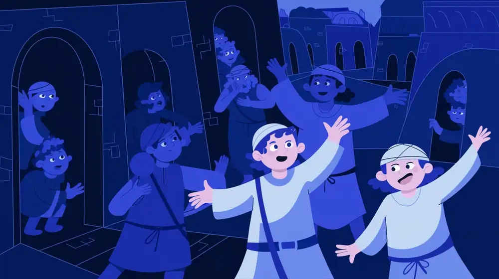 Excited shepherds wave their arms as they tell the people of Bethlehem about baby Jesus.