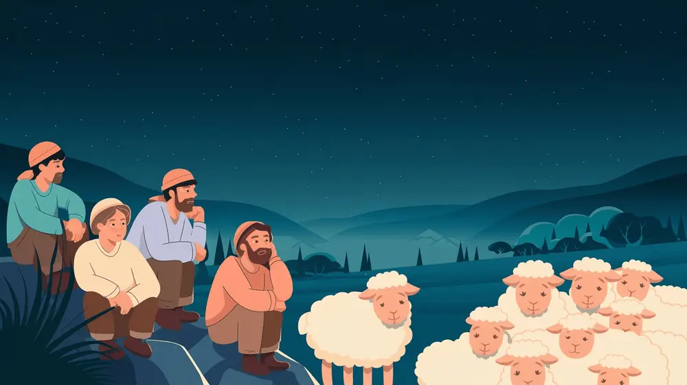 Shepherds sit on rocks under a dark, starry sky while their sheep rest peacefully in the field.