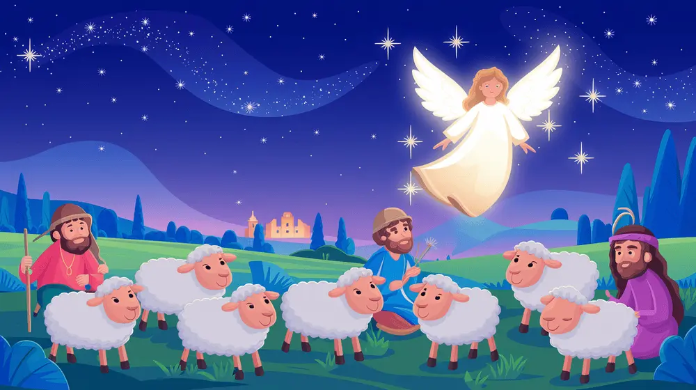 A bright angel appears in the night sky, glowing over shepherds and sheep in a peaceful field near Bethlehem.