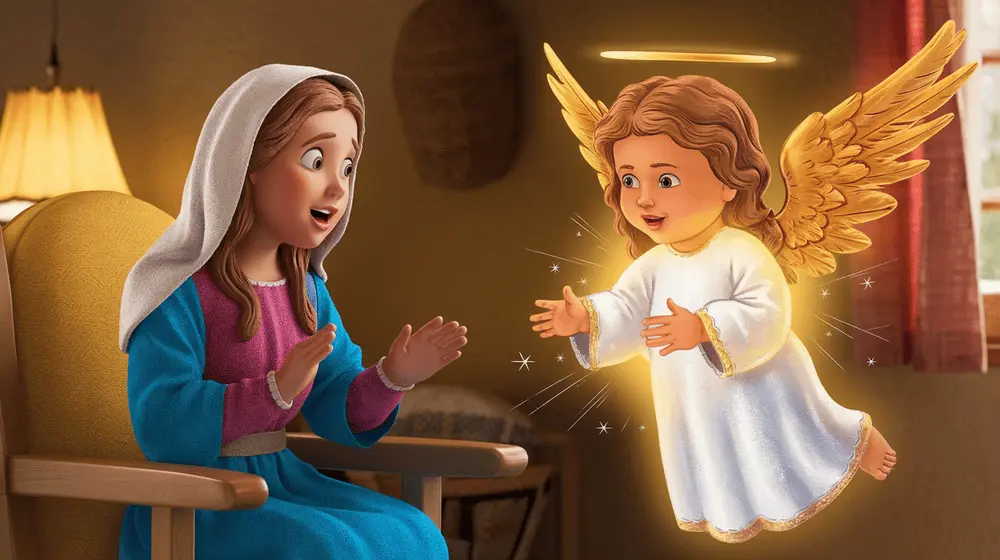 An angel with golden wings appears before Mary in her home, delivering the message about baby Jesus.