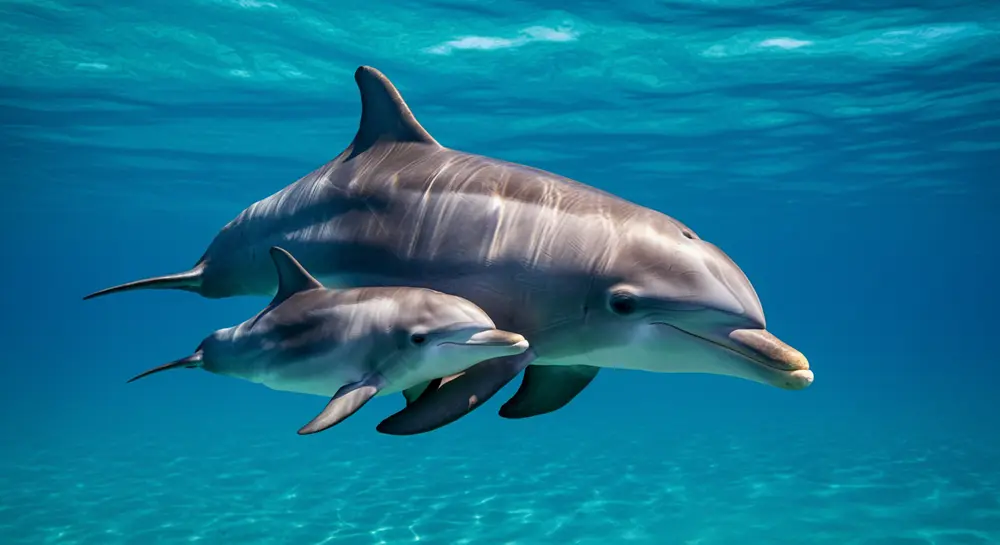 A cute baby dolphin swimming close to its mother in the ocean.