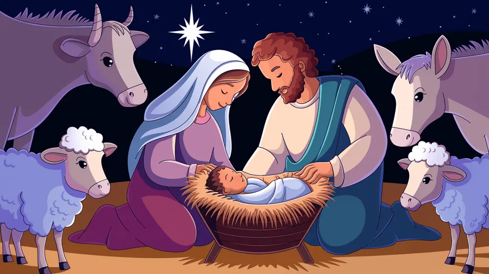 Baby Jesus is wrapped in cloth and placed in a wooden manger filled with hay, with Mary, Joseph, and animals nearby.
