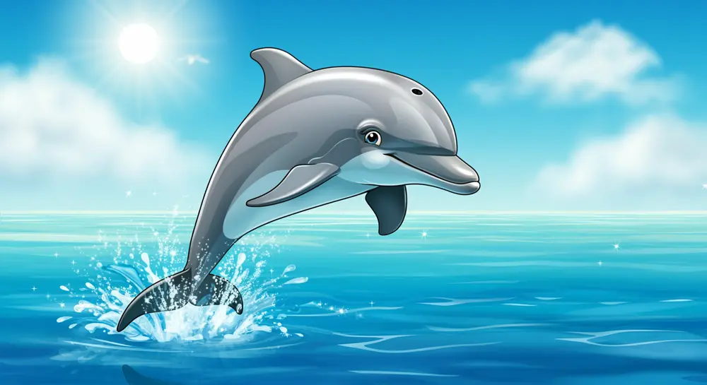 A cheerful dolphin leaping out of the ocean under a bright blue sky.