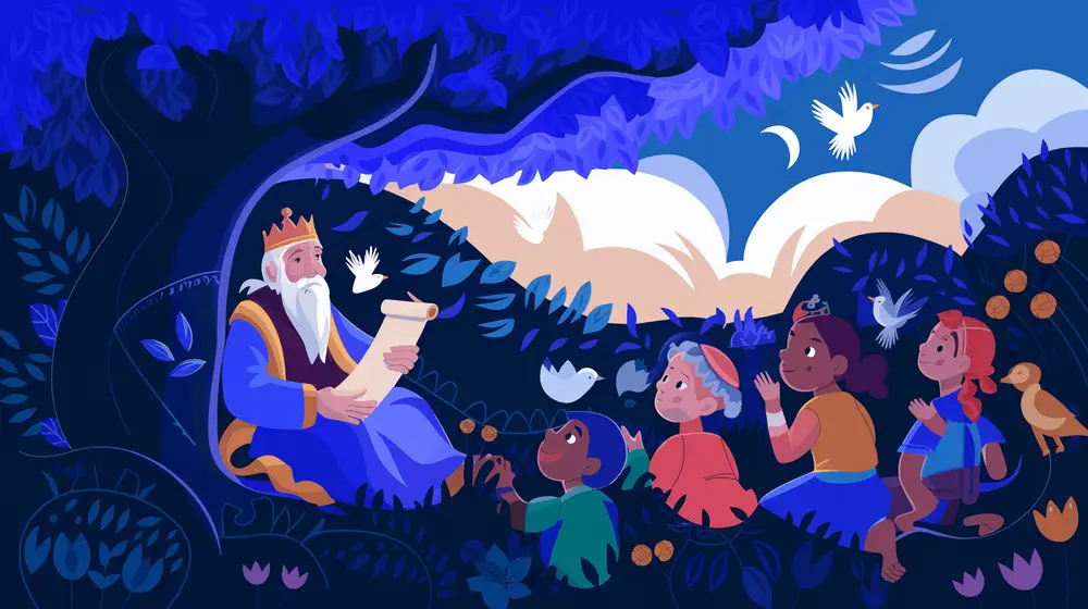 King Solomon sits under a tree, teaching children and people from different lands about wisdom.