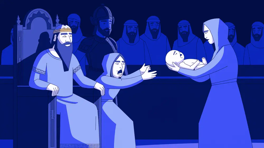 A distressed woman begs King Solomon to spare her baby while the other woman remains indifferent.