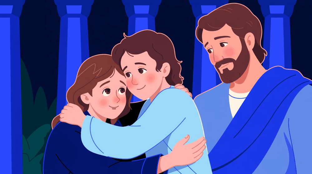 Mary hugging Jesus after finding him in the temple.