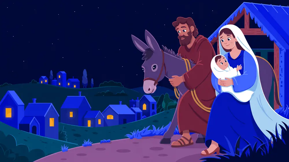 Mary, Joseph, and baby Jesus quietly sneak out of Bethlehem under a starry sky.
