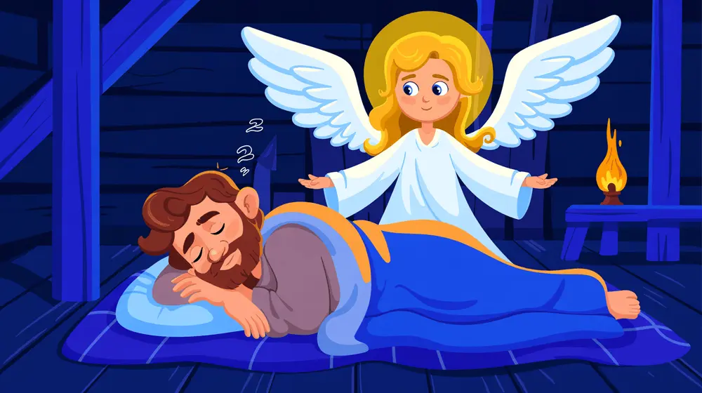 A glowing angel appears in Joseph’s dream, warning him about King Herod’s plan.