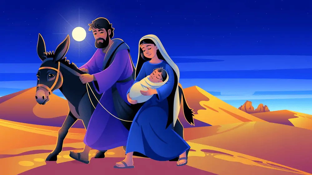 Mary, Joseph, and baby Jesus travel through a hot desert on their way to Egypt.
