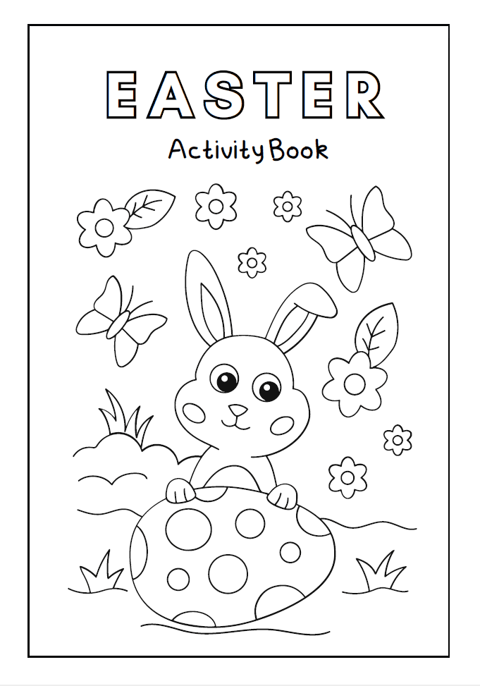 Smiling Easter bunny hiding behind a big decorated egg with butterflies and flowers