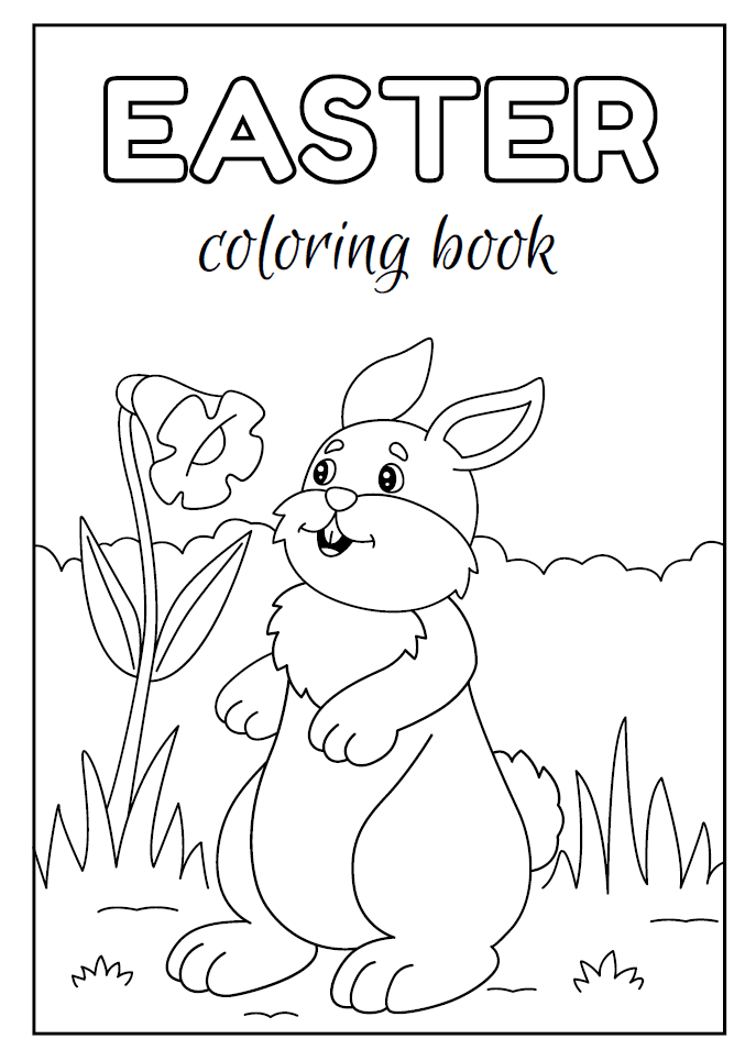 Cute Easter bunny standing near a flower in a garden – coloring book page for kids