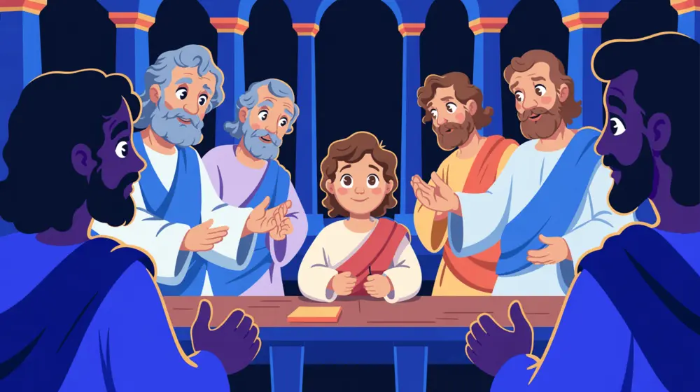 Jesus found in the temple, talking to teachers while Mary and Joseph look on.