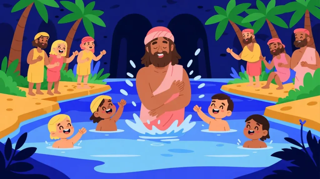 Cartoon of John the Baptist baptizing children in the Jordan River with happy people all around