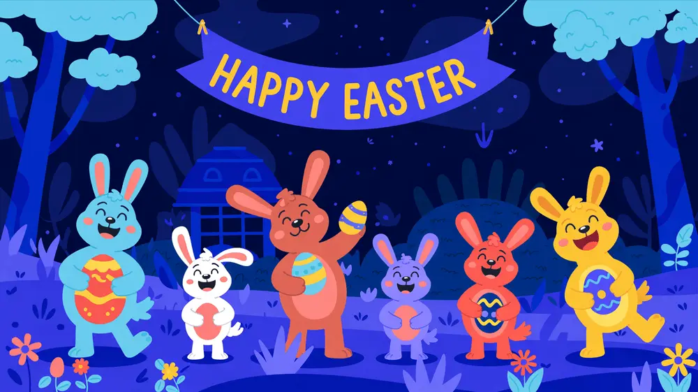 Binky and all the animal friends laughing and holding Easter eggs in a sunny field