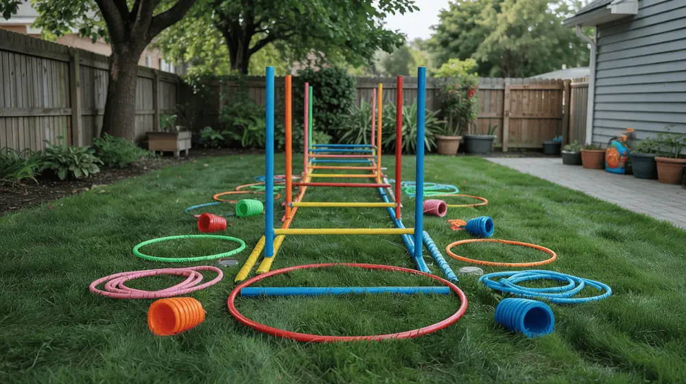 Items like hula hoops, pool noodles, cones, and ropes laid out on grass for a kids' obstacle course.