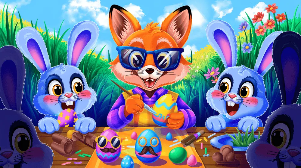 Freddy the Fox painting funny faces on Easter eggs while Binky and Tilly visit