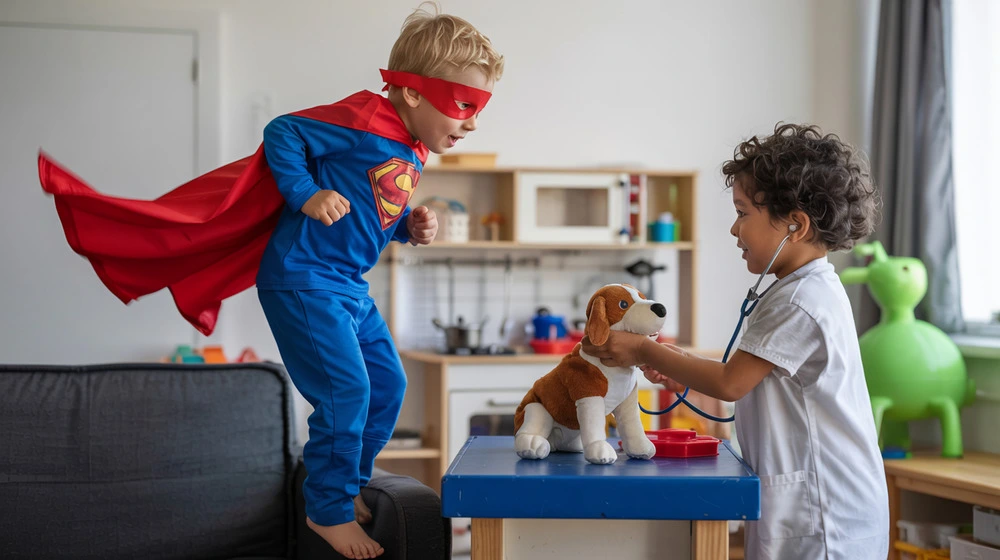 Kids in costumes playing pretend as superheroes and animal doctors