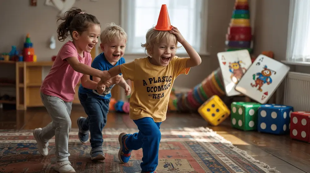 Kids playing board games and doing friendly indoor challenges