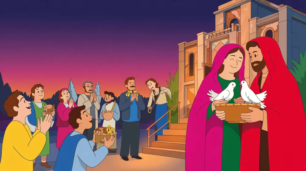 A lively temple courtyard filled with people praying, talking, and bringing gifts.