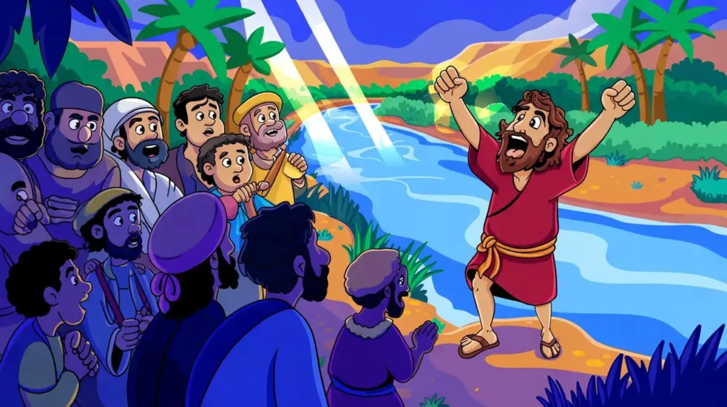 John the Baptist shouting his message to a large crowd near the Jordan River